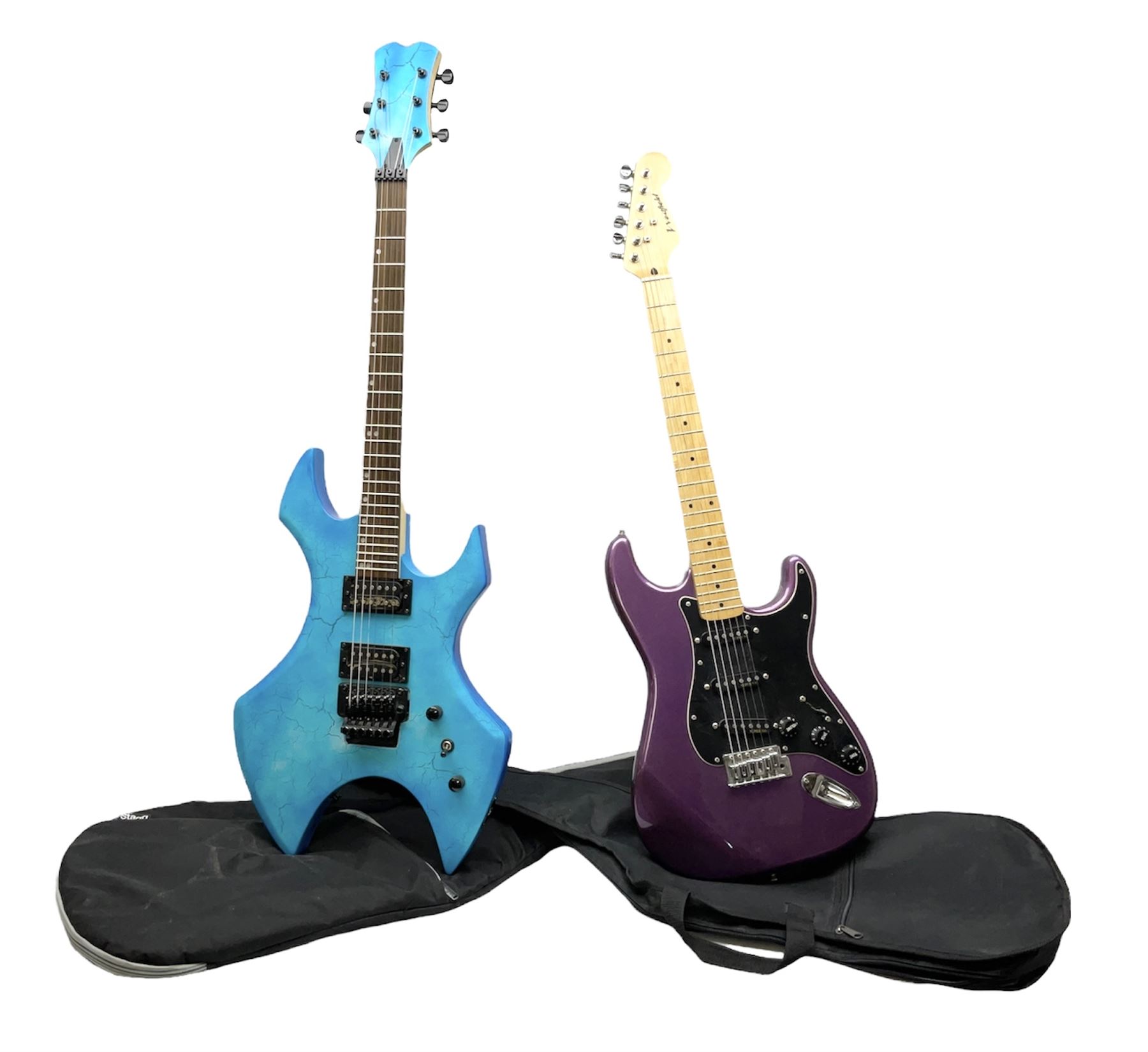 Heavy metal style electric guitar with crackled blue body L107cm; in Stagg gig bag; and Westfield el