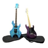Heavy metal style electric guitar with crackled blue body L107cm; in Stagg gig bag; and Westfield el