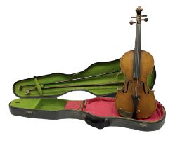 1920s German Saxony three-quarter size violin with 33cm two-piece maple back and ribs and spruce top