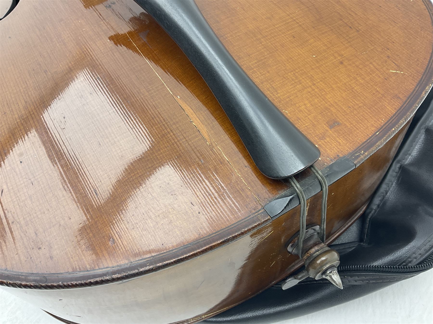 Early 20th century German cello with 76.5cm two-piece maple back and ribs and spruce top L123cm over - Image 11 of 15