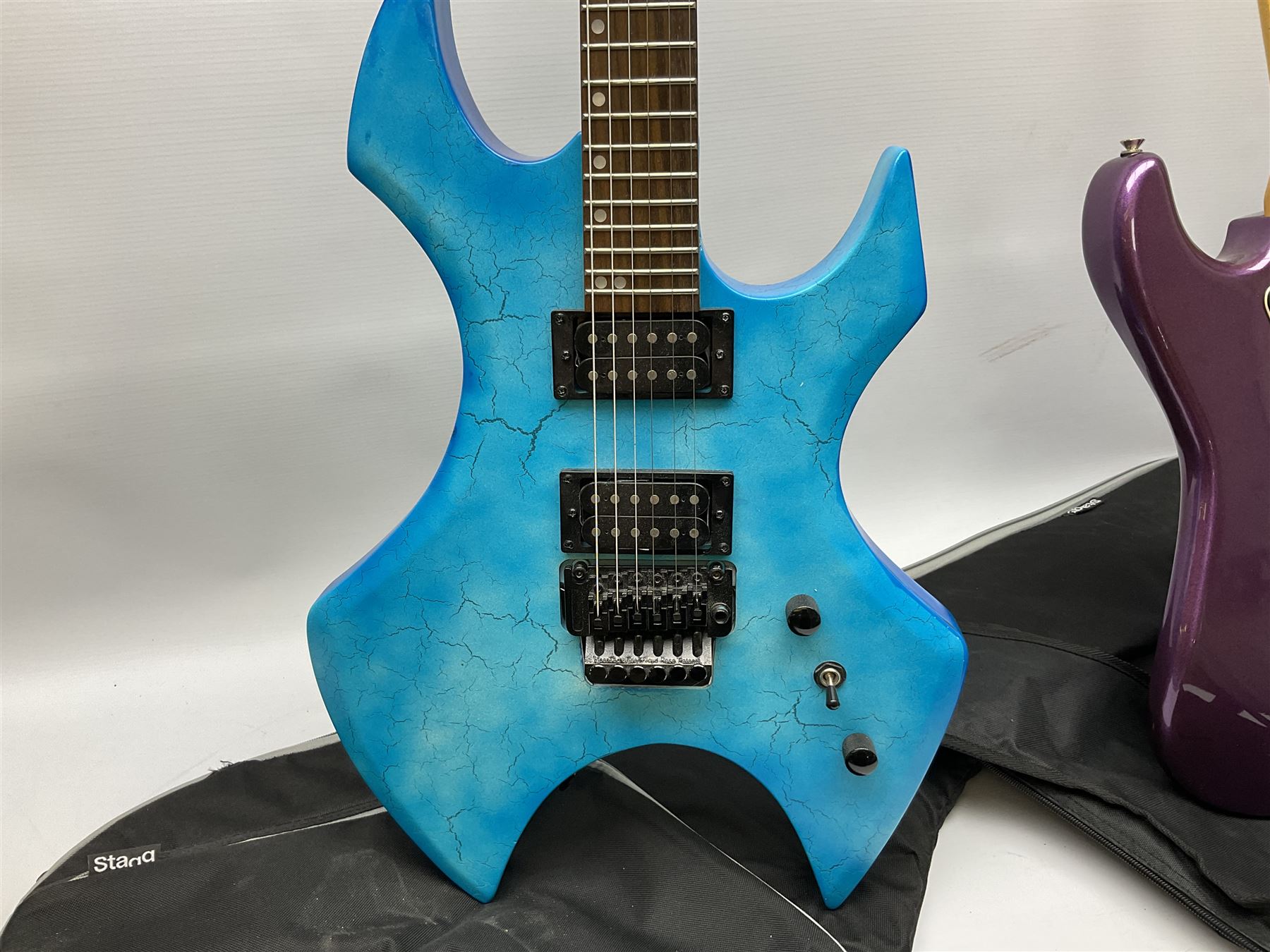 Heavy metal style electric guitar with crackled blue body L107cm; in Stagg gig bag; and Westfield el - Image 2 of 13