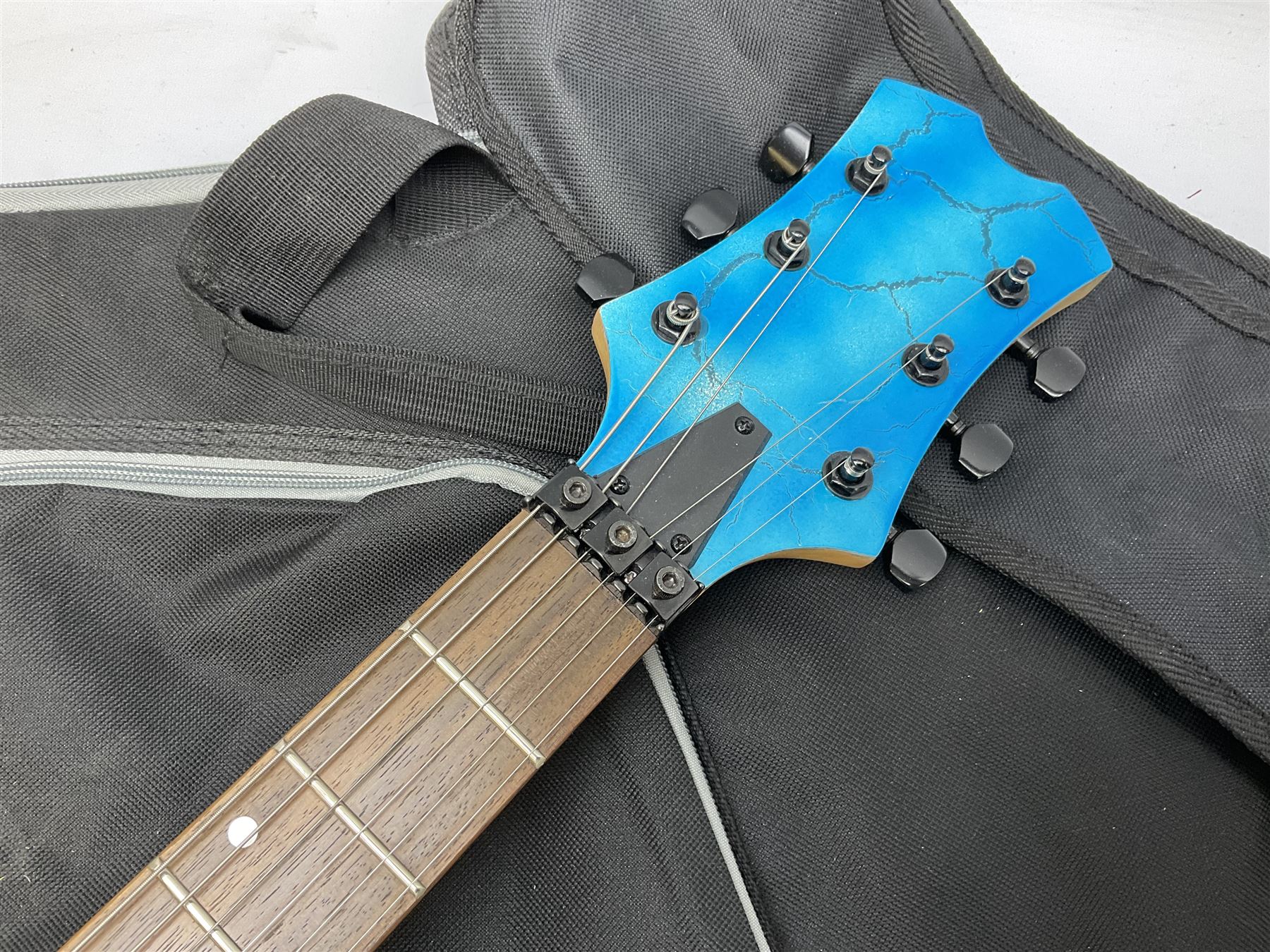 Heavy metal style electric guitar with crackled blue body L107cm; in Stagg gig bag; and Westfield el - Image 7 of 13