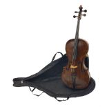Late 19th/early 20th century seven-eighth size cello with 72cm two-piece maple back and ribs and spr