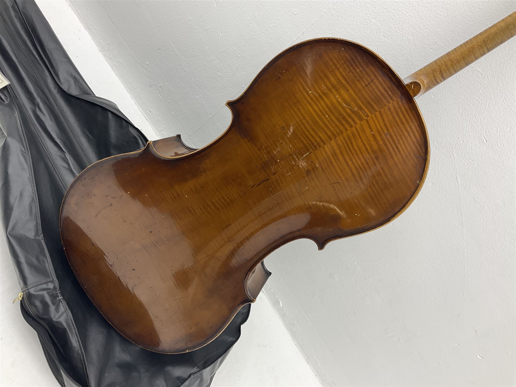 Early 20th century German cello with 76.5cm two-piece maple back and ribs and spruce top L123cm over - Image 9 of 15