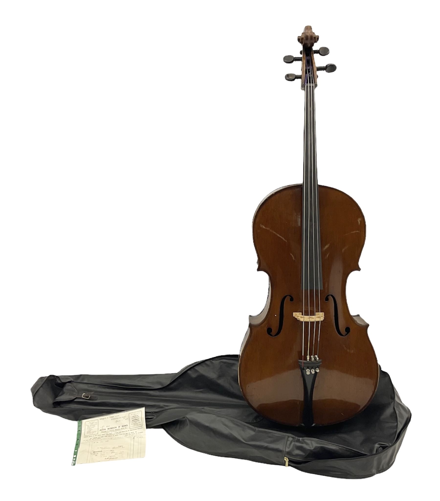 Early 20th century German cello with 76.5cm two-piece maple back and ribs and spruce top L123cm over