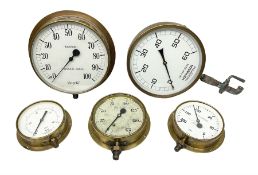 Four ship's brass cased pressure gauges by Dewrance London