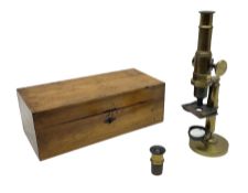 Victorian lacquered brass monocular microscope on circular base with ball and socket adjustment and
