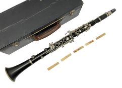 Selmer Student Console four-piece clarinet; No.479 L67cm; in scratch built case with quantity of ree