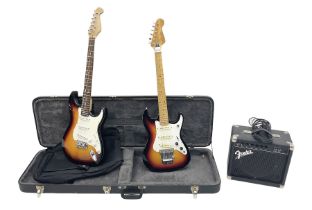 Fender style sunburst electric guitar with manuscript mark 'Zenta Stratocaster 1963' L97cm; in hard