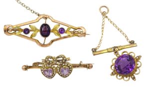 Edwardian gold amethyst and seed pearl double heart brooch