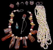 Silver Baltic amber jewellery including necklace with pearls and quartz beads