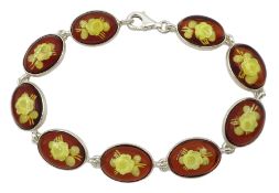 Silver amber engraved rose oval link bracelet