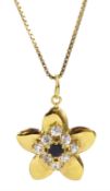 18ct gold sapphire and cubic zirconia flower head cluster pendant necklace