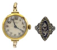 9ct gold ladies manual wind wristwatch on expanding 9ct gold strap and a silver and gold enamel and