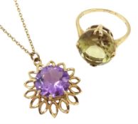 Gold circular amethyst pendant necklace and a gold citrine ring