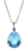 18ct white gold large blue topaz and sapphire pendant necklace