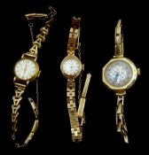 Three ladies 9ct gold manual wind bracelet wristwatches