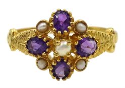 Silver-gilt amethyst and pearl flower cluster ring