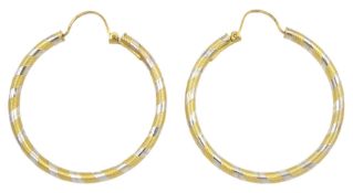 Pair of textured yellow gold and polished white gold hoop earrings