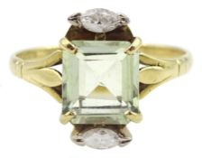 18ct gold three stone emerald cut pale green beryl and marquise shaped diamond ring