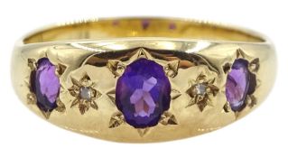 9ct gold gypsy set five stone oval amethyst and diamond ring