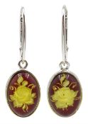 Pair of silver oval amber engraved rose pendant earrings