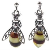 Silver Baltic amber bee pendant earrings