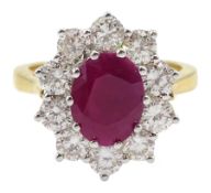 18ct gold oval ruby and round brilliant cut diamond cluster ring