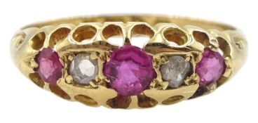 Edwardian 18ct gold five stone diamond and pink stone ring