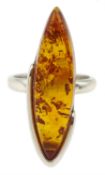 Silver marquise shaped Baltic amber adjustable ring
