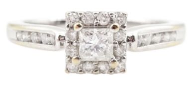 18ct white gold princess cut and round brilliant cut diamond cluster ring