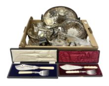 Quantity of silver plate to include cased silver plated fish knife and fork with hallmarked silver f