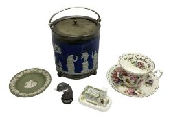 Wedgwood Jasperware silver plated lidded biscuit barrel decorated in relief with classical scene