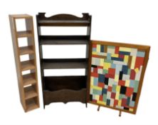 Stained wood bookcase with magazine rack beneath