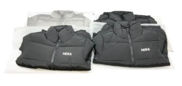 Four HERA Core puffer jackets comprising three medium black examples and one small grey example