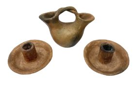 Native American Indian clay wedding vase of double necked bulbous form and a pair of candle holders