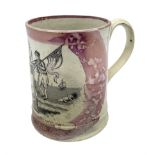 19th century Sunderland lustre frog mug decorated with black transfer crested scene for the Mariners