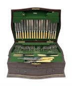 Mahogany cased part canteen of silver plated cutlery by Viner & Hall with simulated ivory handles