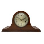 Sapele Mahogany cased tambour mantle clock c1950 with a three-train chiming movement