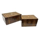 Late 19th century walnut box of hinged rectangular form with bands of geometric inlay