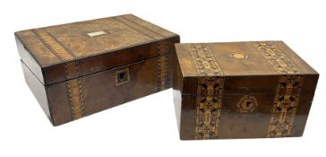 Late 19th century walnut box of hinged rectangular form with bands of geometric inlay