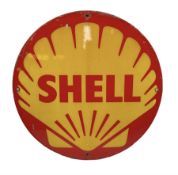Circular enamelled red and yellow sign depicting Shell logo and text