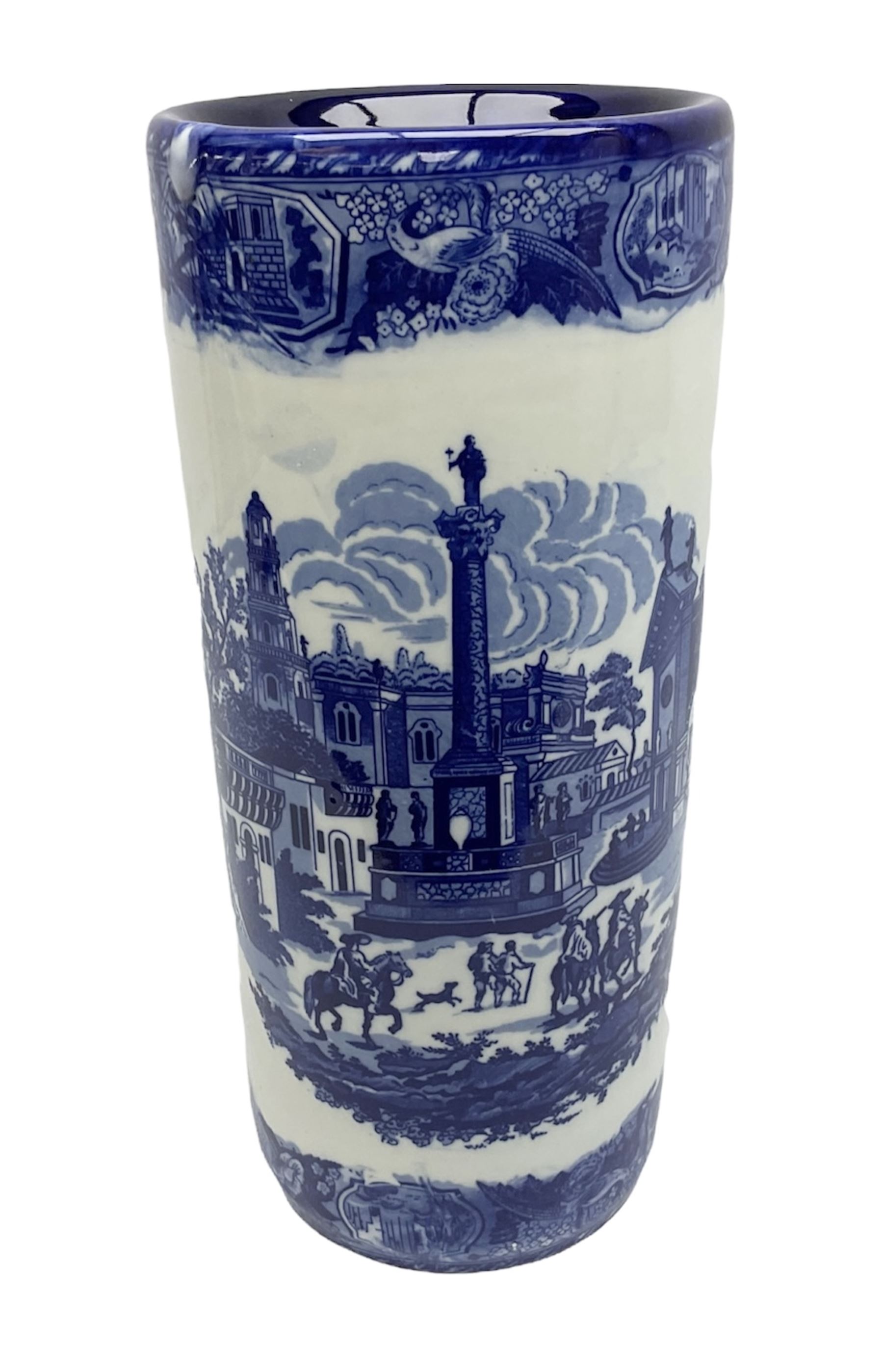 Blue and white stick stand decorated with transfer printed cityscape