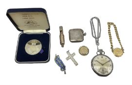 Edwardian silver vesta case B'ham 1902; Metropolitan Police 150 year commemorative medallion; cased;