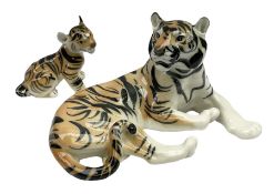 USSR figure of a large recumbent tiger together with a seated tiger cub figure