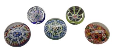 Five Millefiori glass paperweights