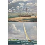 KE (British early 20th century): Beached Ship and Windy Day