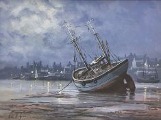 Eric Simpson (Late 20th century): Beached Fishing Boat at Midnight