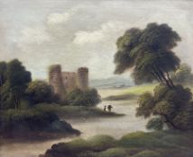 English School (19th century): Riverside Castle with Figures