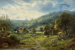 Robert John Hammond (British fl.1882-1911): Valley Landscape with Figures Sheep and Cottages
